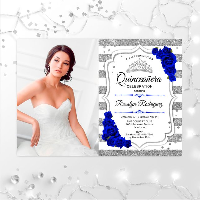 Quinceanera Party mit Foto - Silver Royal Blue Einladung (Von Creator hochgeladen)