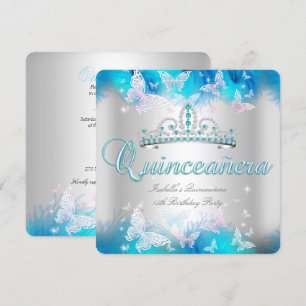 Quinceanera Party Pink Aquamarin Blue Tiara Butter Einladung