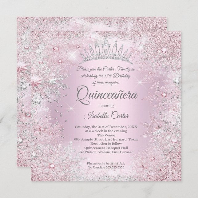 Quinceanera Party Pink Silver Winter Wonderland Einladung (Vorne/Hinten)