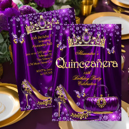 Quinceanera party Purple Tiara High heel gold Einladung