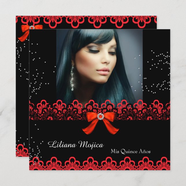 Quinceanera Party Red Lace Jewel Bow 2 Einladung (Vorne/Hinten)