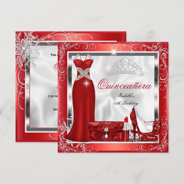 Quinceanera Party Red Silver Dress Heelse S5 Einladung (Vorne/Hinten)