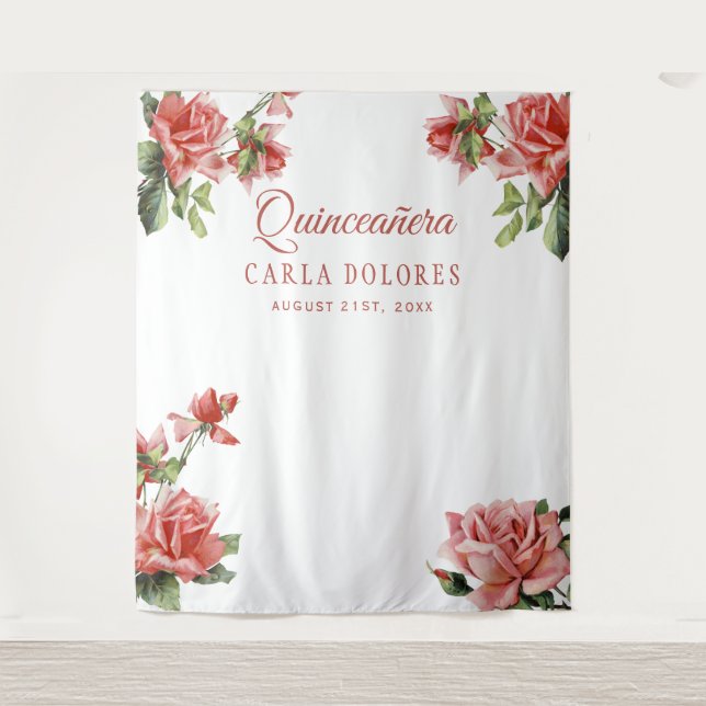 Quinceañera Party Rosa Rosen Foto Stand Wandteppich (Vorderseite)