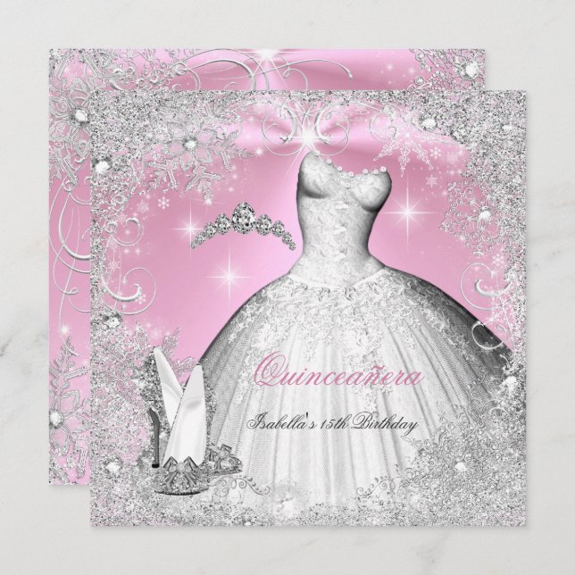 Quinceanera Party Rosa Silver Winter Schneeflocken Einladung (Vorne/Hinten)