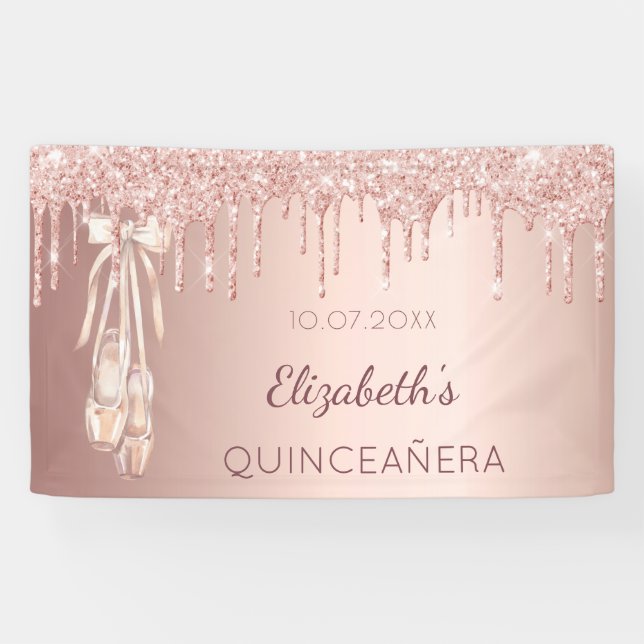 Quinceanera Party Rose Gold Ballerina Empfang Banner (Horizontal)