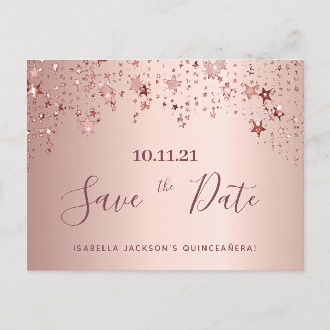 Quinceanera Party Rose Goldsterne Save the Date Postkarte (Vorderseite)