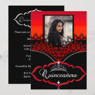 Quinceanera-Party Rot Schwarz Spitze Mädchen Foto Einladung