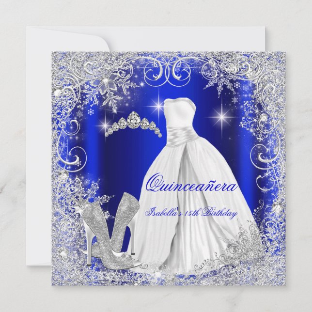 Quinceanera Party Royal Blue Silver Schneeflocken Einladung (Vorderseite)