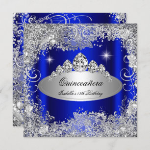 Quinceanera Party Royal Blue Silver Tiara Einladung
