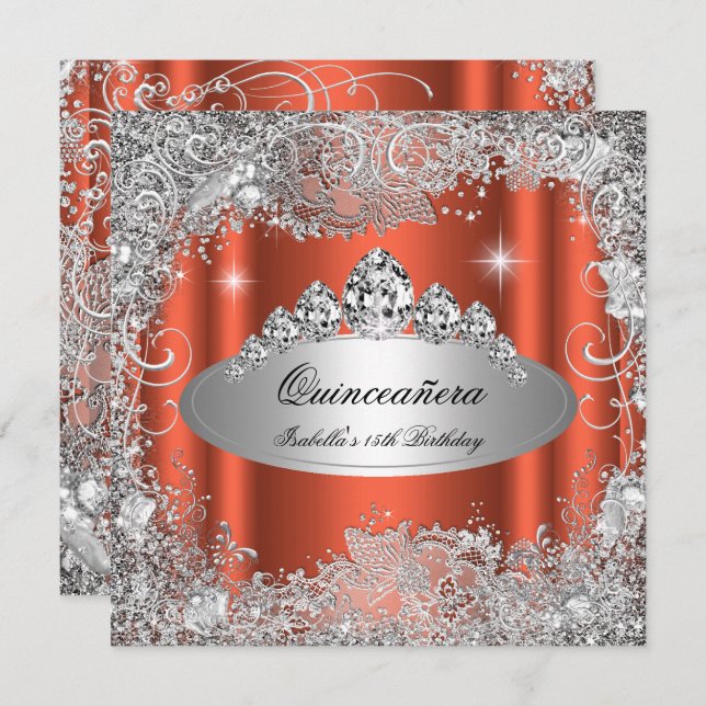 Quinceanera Party Rusty Orange Silver Tiara Einladung (Vorne/Hinten)