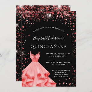 Quinceanera Party Schwarz Rot Glitzer Kleid Einladung