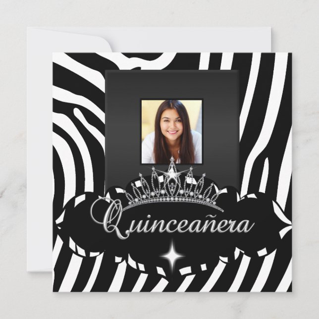 Quinceanera Party Schwarz-weiß Zebra Girl Foto Einladung (Vorderseite)