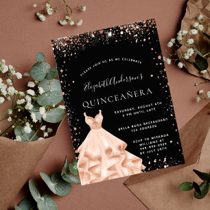 Quinceanera Party Schwarze Rose Gold Glitzer Kleid Einladung