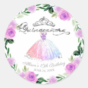 Quinceanera-Pastellfarben Silbernes Kleid Floral Runder Aufkleber