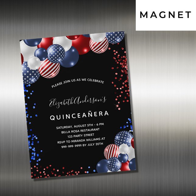 Quinceanera patriotische schwarz-blaue blaue Ballo Magneteinladung (Von Creator hochgeladen)