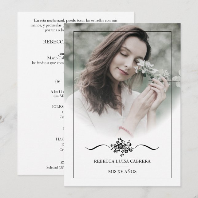 Quinceañera Photo Classic Chic Typography Script Einladung (Vorne/Hinten)