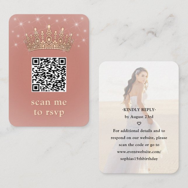 Quinceañera Photo QR RSVP Rose Gold Crown Scan Me Begleitkarte (Vorne/Hinten)