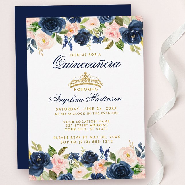 Quinceanera Pink Blue Floral Crown Gold Einladung (Customize to change text color, style, add text & photos to back or change color of back of card.)
