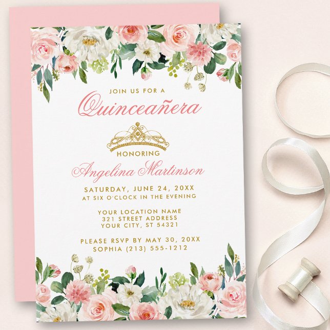 Quinceanera Pink Blush Floral Gold Crown Einladung (Customize to change text color, style, add text & photos to back or change color of back of card.)