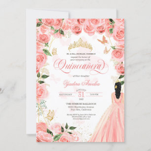 Quinceanera Pink Blush Rose Elegante Butterfly Inv Einladung