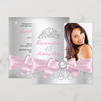Quinceanera Pink Bow Weiße Perlen Foto Geburtstag Einladung