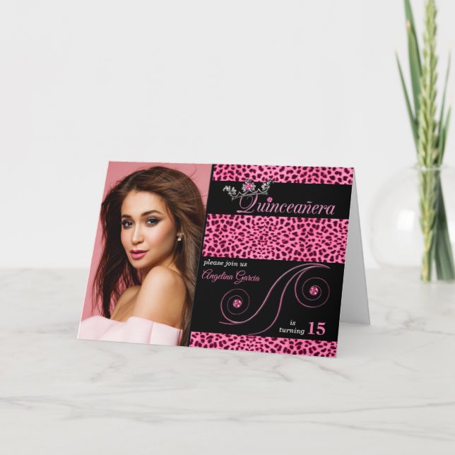 Quinceanera Pink Cheetah Print mit Foto Einladung (Vorderseite)