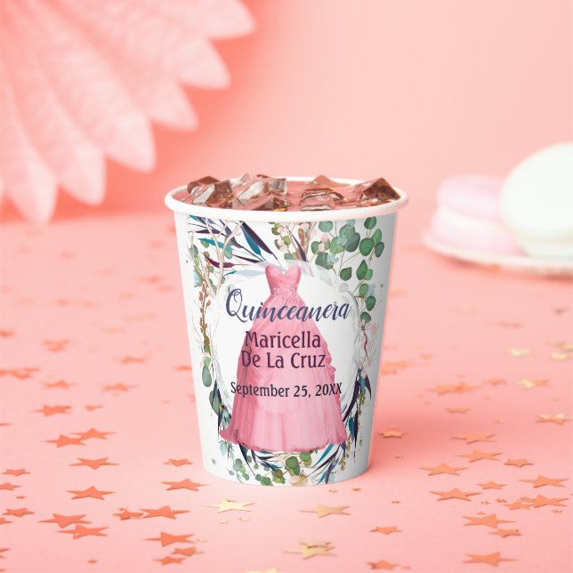 Quinceanera Pink Dress Paper Cups Pappbecher (Insitu)
