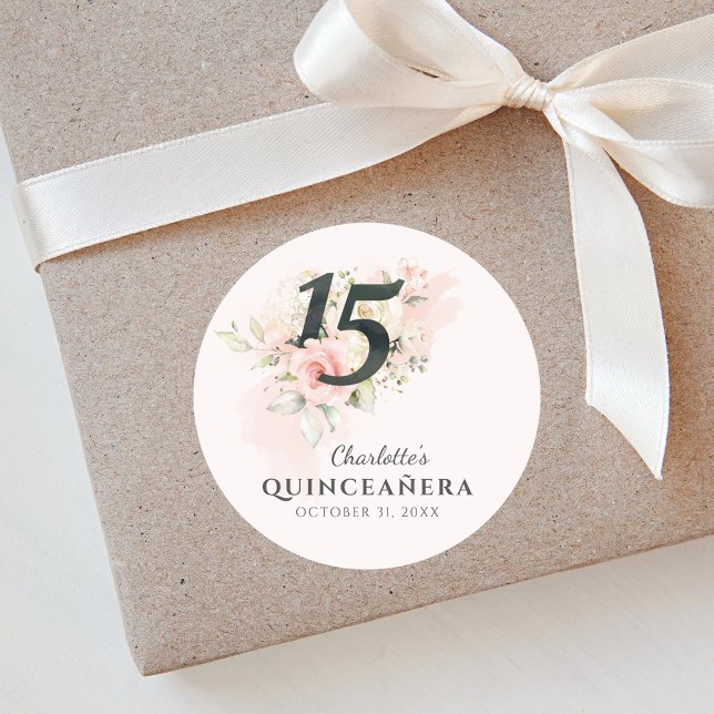 Quinceanera Pink Floral 15. Geburtstag Runder Aufkleber (Pink Floral Quinceanera 15th Birthday Party Script Round Sticker)