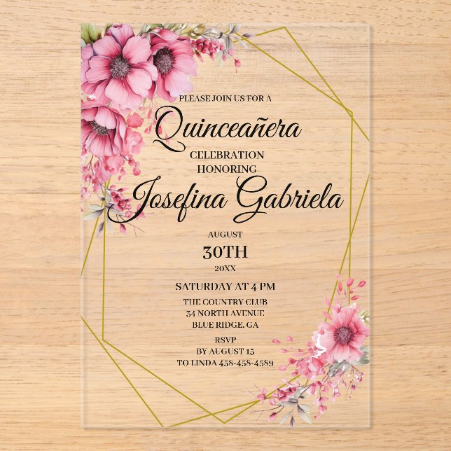 Quinceanera pink floral acryleinladungen (Vorderseite)