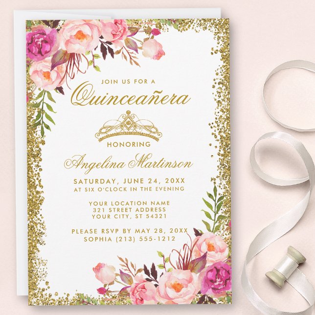 Quinceanera Pink Floral Gold Glitzer Crown Einladu Einladung (Customize to change text color, style or add text & photos to back of card.)