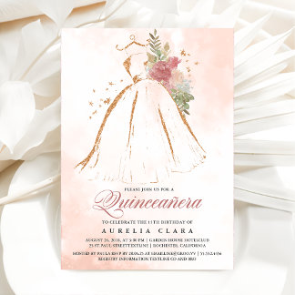Quinceañera Pink Floral Gold Kleid 15. Geburtstag Einladung