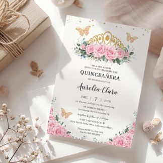 Quinceanera Pink Floral Gold Kronenschmetterlinge Einladung