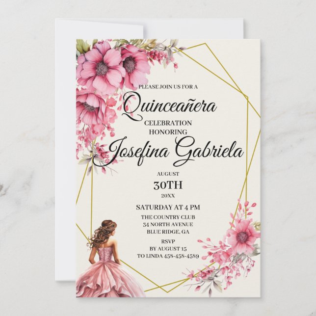 Quinceañera pink floral Invitation Einladung (Vorderseite)