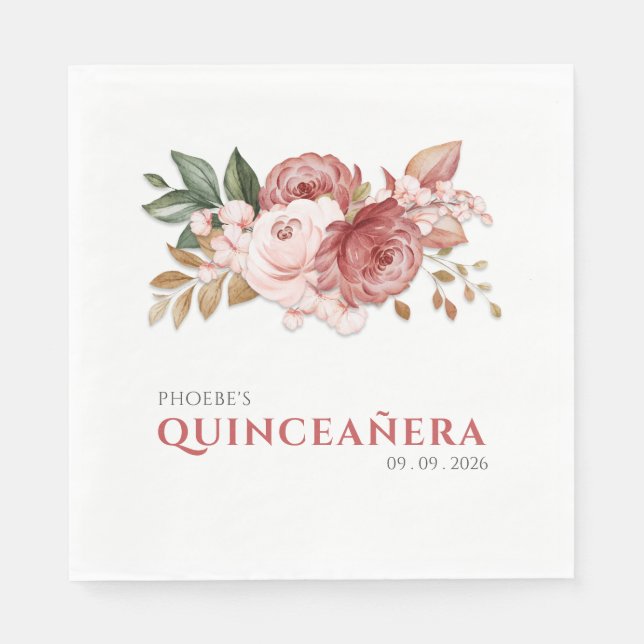 Quinceanera Pink Floral Rustikal Botanisch Serviette (Vorderseite)