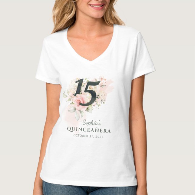 Quinceanera Pink Floral Rustikaler Schmutz 15. Geb T-Shirt (Vorderseite)