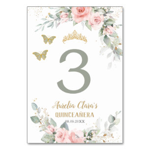 Quinceañera Pink Floral Sage Grüne Schmetterlinge Tischnummer