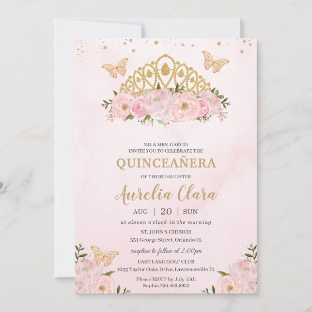 Quinceañera Pink Floral Schmetterlinge Prinzessin  Einladung (Vorderseite)