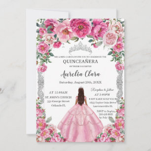 Quinceañera Pink Fuchsia Blume Kleid Gown Silber Einladung
