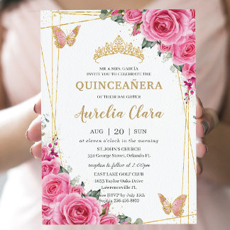 Quinceañera Pink Fuchsia Floral Gold Schmetterling Einladung