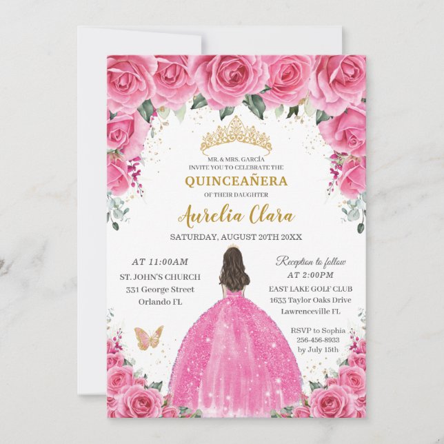 Quinceañera Pink Fuchsia Floral Prinzessin Butterf Einladung (Vorderseite)