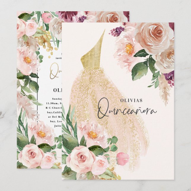 Quinceañera Pink Girl Blumenkleid Geburtstag Invi Einladung (Vorne/Hinten)