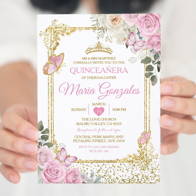 Quinceañera Pink & Gold Crown Mexicanischer Schmet Einladung (Von Creator hochgeladen)