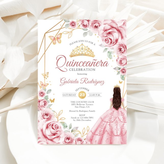 Quinceanera Pink Gold Dress Floral Einladung (Von Creator hochgeladen)