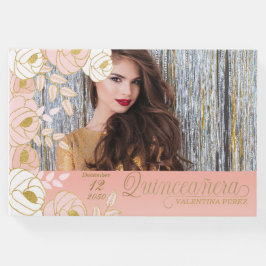 Quinceanera Pink Gold Floral Botanisch Gästebuch