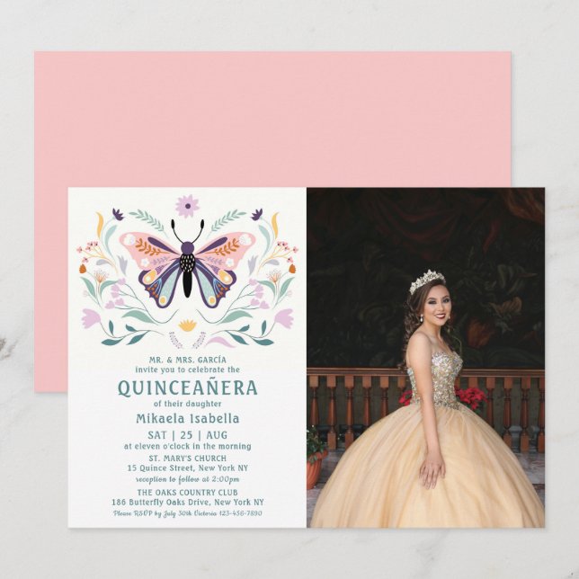 Quinceañera Pink Lila Butterfly Foto Floral Einladung (Vorne/Hinten)