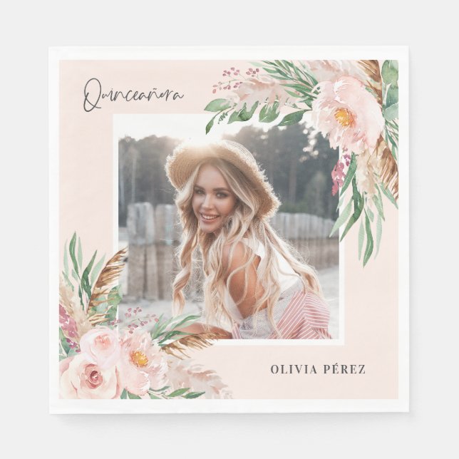 Quinceañera Pink mädchenhaftes Foto Geburtstag Inv Serviette (Vorderseite)