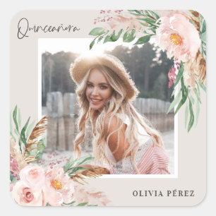 Quinceañera Pink mädchenhaftes Foto Geburtstag Quadratischer Aufkleber