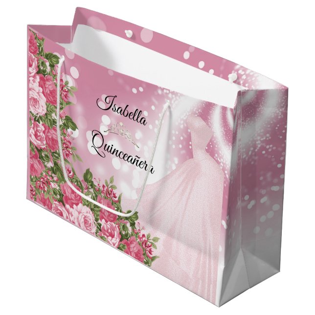 Quinceañera Pink Mauve Gown und Blume Große Geschenktüte (Vorderseite Schrägansicht)