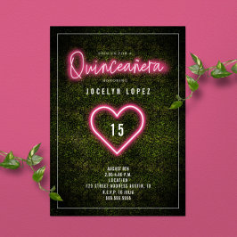 Quinceañera Pink Neon Lights Boxwood Herz Einladung