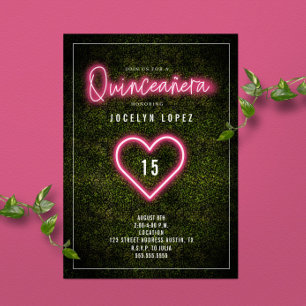 Quinceañera Pink Neon Lights Boxwood Herz Einladung
